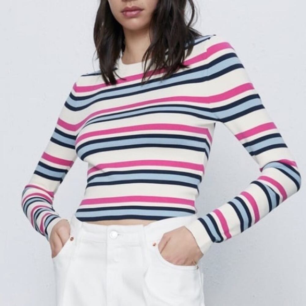 Zara Cream Pink Blue & Black Cropped Crewneck Sweater